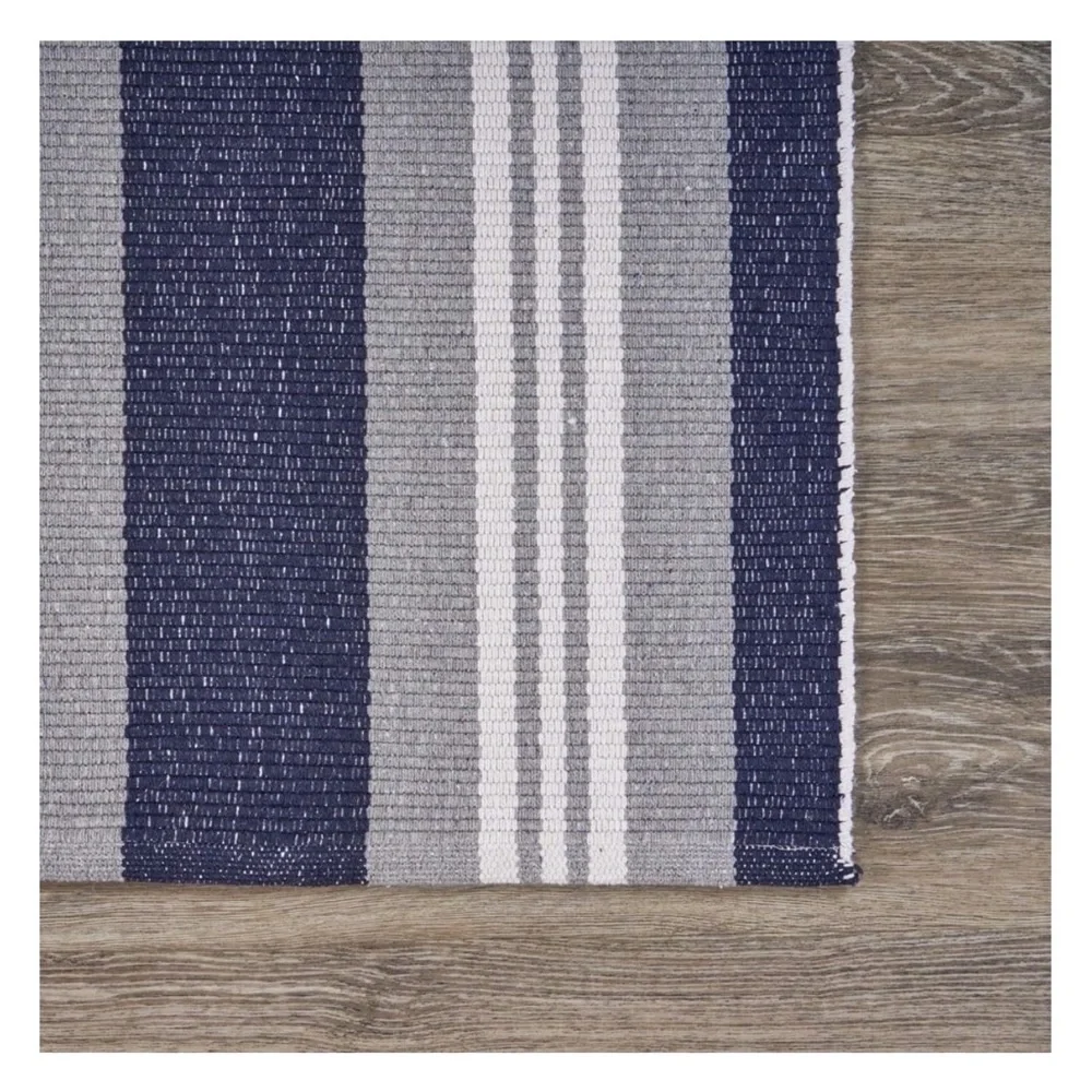LR HOME 4 Ft. Coastal Cottage Striped Woven Accent Area Rug Navy Blue Grey White